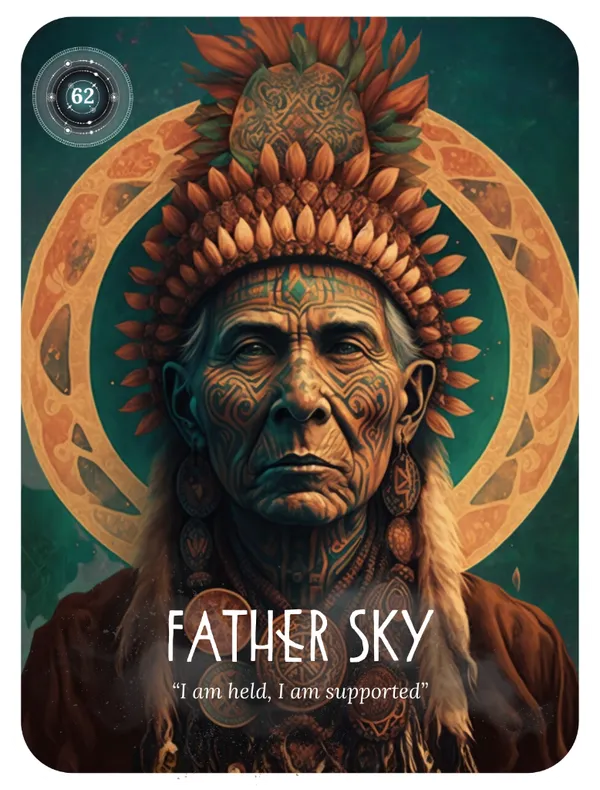 Father Sky oracle card featuring a wise elder with ceremonial headdress and golden halo