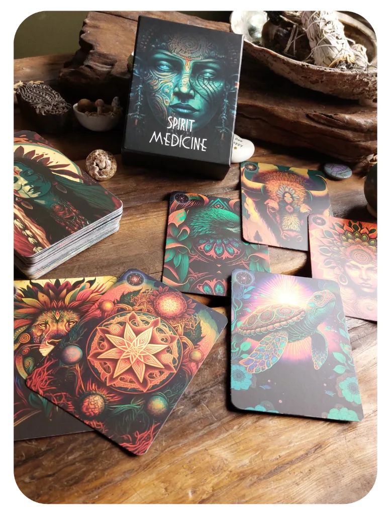 Spirit Medicine deck spread on wooden table with crystals and sage
