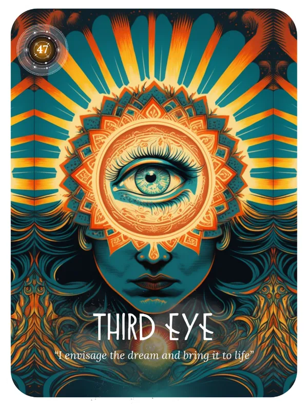 Third Eye chakra oracle card with radiant orange and teal design