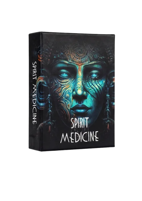 Spirit Medicine Oracle Deck box featuring mystical face artwork in teal and gold tones