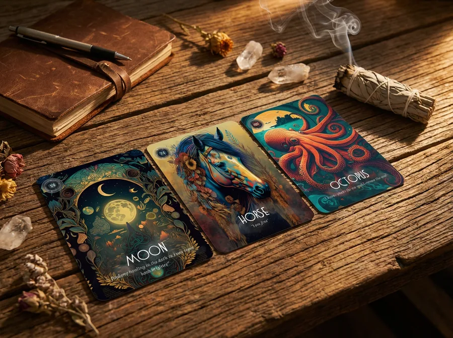 Spirit Medicine Oracle cards spread on rustic wooden table with journal, pen, and white sage smudge